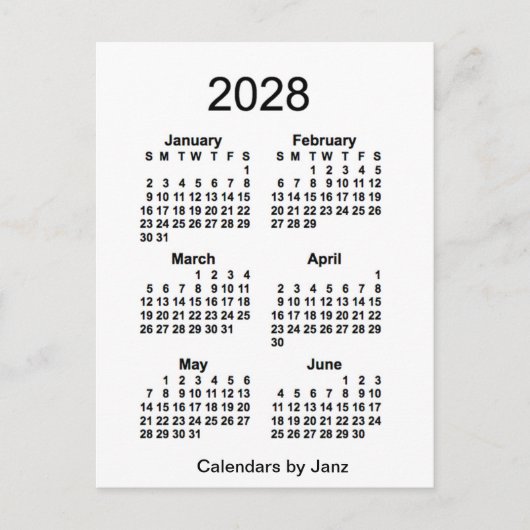 2028 Witte 6 maanden Mini Agenda van Janz Briefkaart (Voorkant)