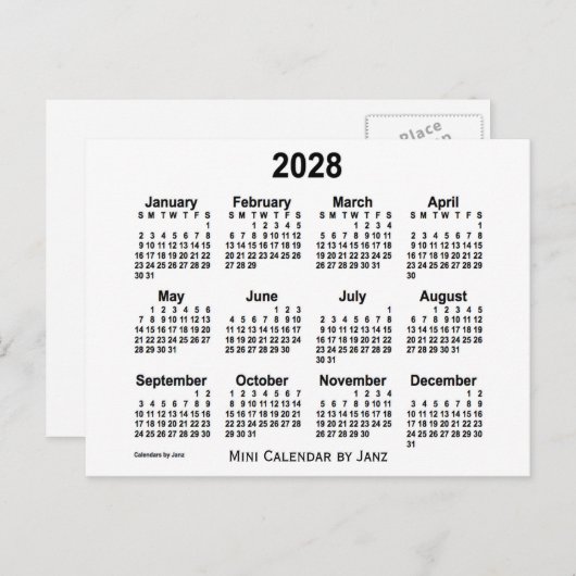 2028 Witte Mini Kalender van Janz Briefkaart (Voorkant / Achterkant)