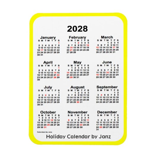 2028 Yellow Holiday Calendar door Janz Magnet Magneet (Verticaal)
