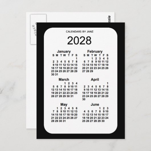 2028 Zwarte 6-maandenkalender van Janz Briefkaart (Voorkant / Achterkant)