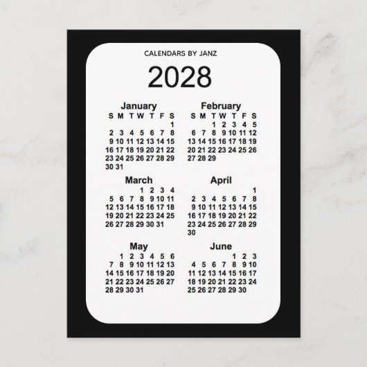 2028 Zwarte 6-maandenkalender van Janz Briefkaart (Voorkant)