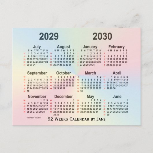 2029-2030 Rainbow 52-weekagenda van Janz Briefkaart (Voorkant)