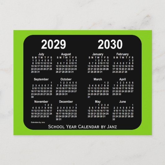 2029-2030 Yellowgreen Neon School Calendar van Jan Briefkaart (Voorkant)
