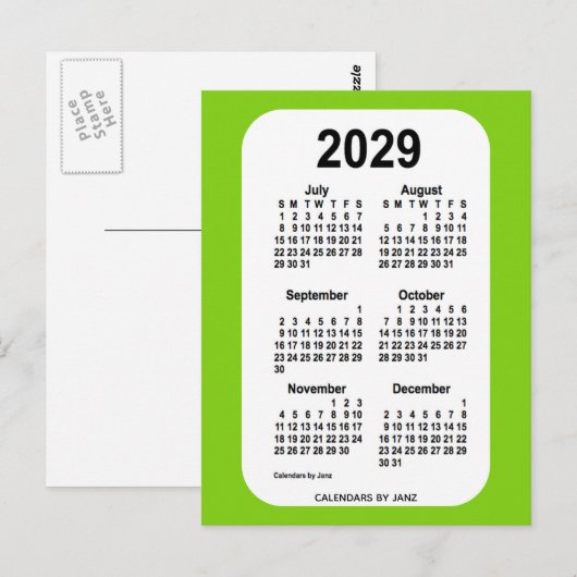2029 Geel Groen 6-maandelijkse Mini Agenda van Jan Briefkaart (Voorkant / Achterkant)