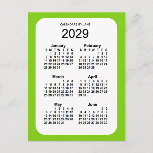 2029 Geel Groen 6-maandelijkse Mini Agenda van Jan Briefkaart (Voorkant)