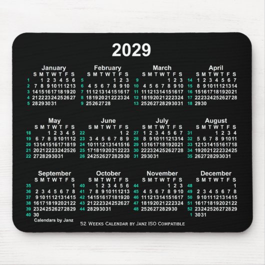 2029 Neon White 52 weken ISO-kalender door Janz Muismat (Voorkant)