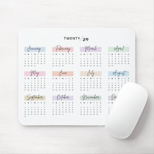 2029 VOLLEDIGE JAAR KALENDER PASTEL HANDGESCHREVEN MUISMAT (Met muis)