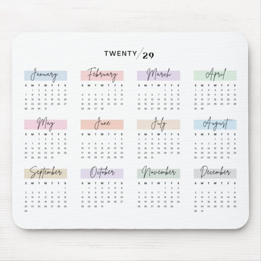 2029 VOLLEDIGE JAAR KALENDER PASTEL HANDGESCHREVEN MUISMAT (Voorkant)