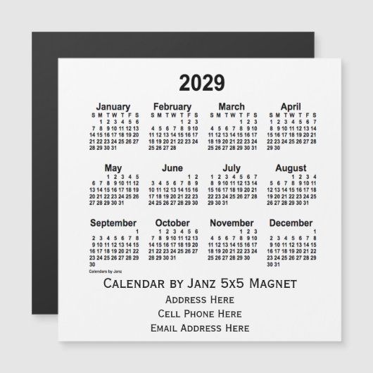 2029 White Business Calendar van Janz 5x5 Magnet (Voorkant / Achterkant)