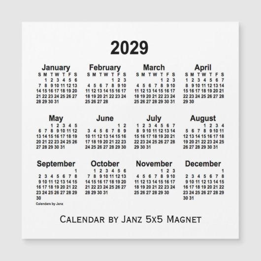 2029 White Calendar van Janz 5x5 Magnet (Voorkant)
