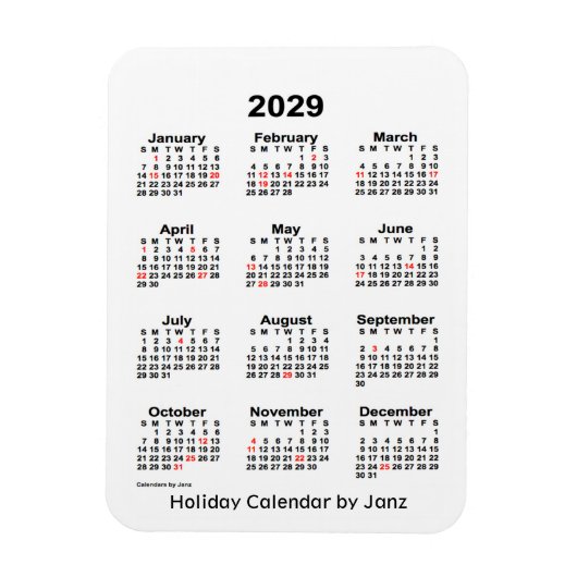 2029 White Holiday Calendar van Janz Magnet Magneet (Verticaal)