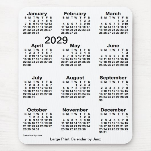 2029 White Large Print Calendar van Janz Muismat (Voorkant)