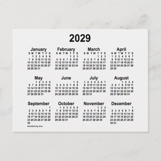 2029 White Smoke Mini Kalender van Janz Briefkaart (Voorkant)