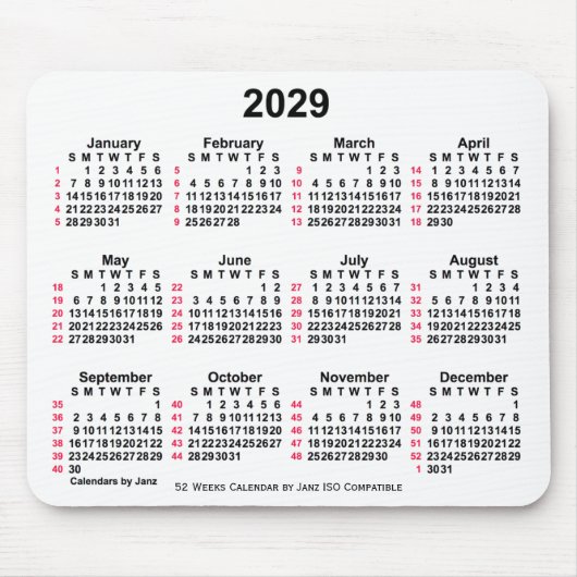 2029 Witte 52 weken ISO-kalender door Janz Muismat (Voorkant)