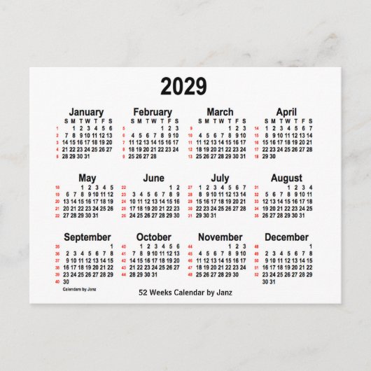 2029 Witte agenda van 52 weken, van Janz Briefkaart (Voorkant)