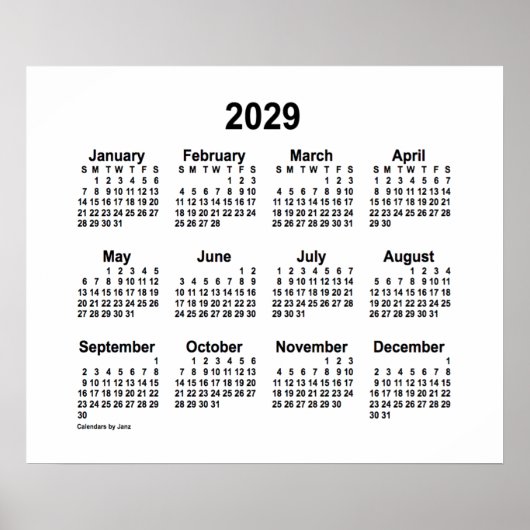 2029 Witte Kalender van Janz Print (Voorkant)