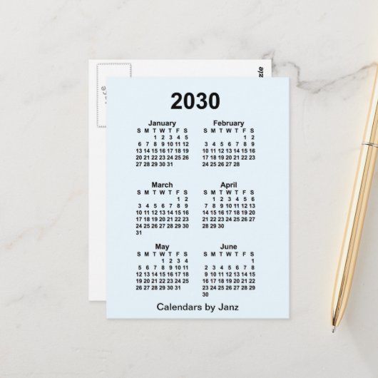 2030 Alice Blue 6 Maanden Mini Kalender door Janz Briefkaart (Voorkant / Achterkant in situ)