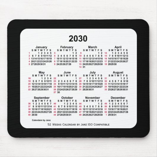 2030 Black 52 weken ISO-kalender van Janz Two Tone Muismat (Voorkant)