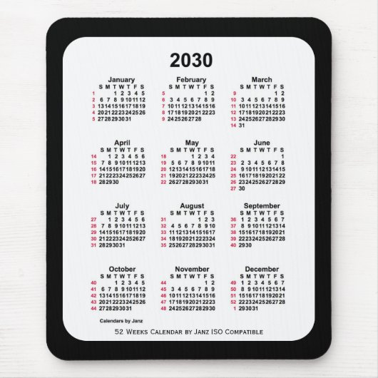 2030 Black 52 weken ISO-kalender van Janz Two Tone Muismat (Voorkant)