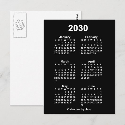 2030 Neon White 6 maanden Mini Calendar van Janz Briefkaart (Voorkant / Achterkant)