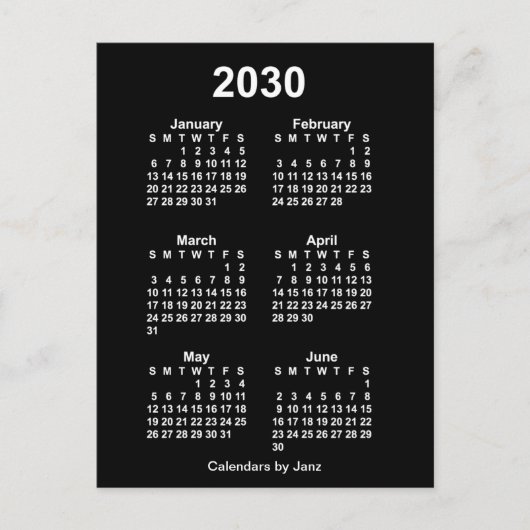 2030 Neon White 6 maanden Mini Calendar van Janz Briefkaart (Voorkant)