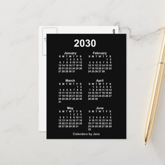 2030 Neon White 6 Maanden Mini Kalender van Janz Briefkaart (Voorkant / Achterkant in situ)