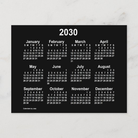2030 Neon White Mini Calendar van Janz Briefkaart (Voorkant)