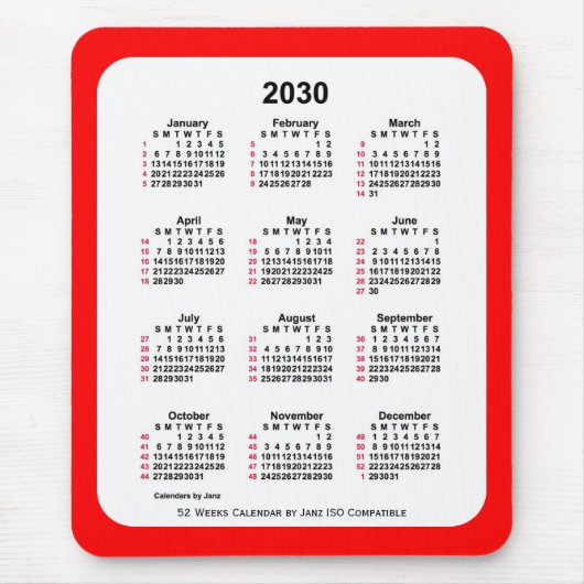 2030 Red 52 weken ISO-kalender van Janz Two Tone Muismat (Voorkant)