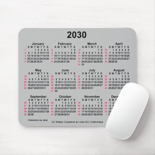 2030 Silver 52 weken ISO-kalender van Janz Muismat (Met muis)