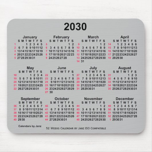 2030 Silver 52 weken ISO-kalender van Janz Muismat (Voorkant)
