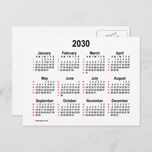 2030 White, 52 weken Mini Calendar van Janz Briefkaart (Voorkant / Achterkant)