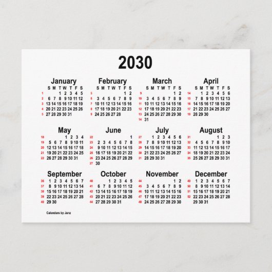 2030 White, 52 weken Mini Calendar van Janz Briefkaart (Voorkant)