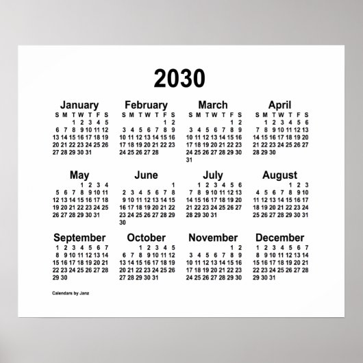 2030 White Calendar door Janz Print (Voorkant)