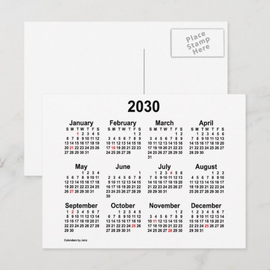 2030 White Holiday Mini Calendar van Janz Briefkaart (Voorkant / Achterkant)