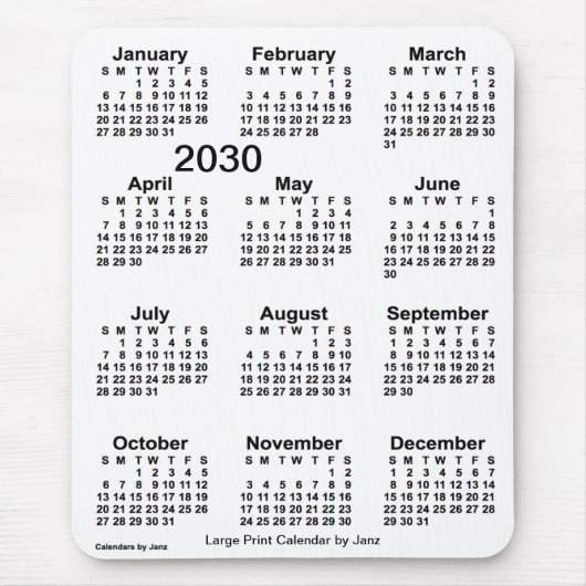 2030 White Large Print Calendar van Janz Muismat (Voorkant)