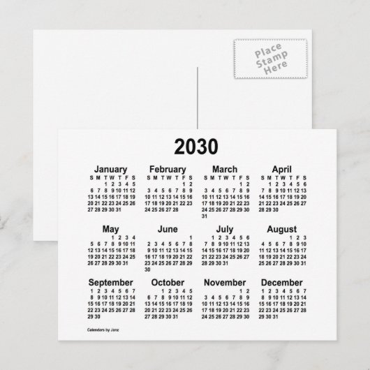 2030 White Mini Calendar van Janz Briefkaart (Voorkant / Achterkant)