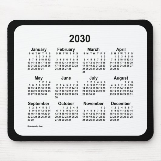 2030 White on Black Calendar van Janz Two Tone Muismat (Voorkant)