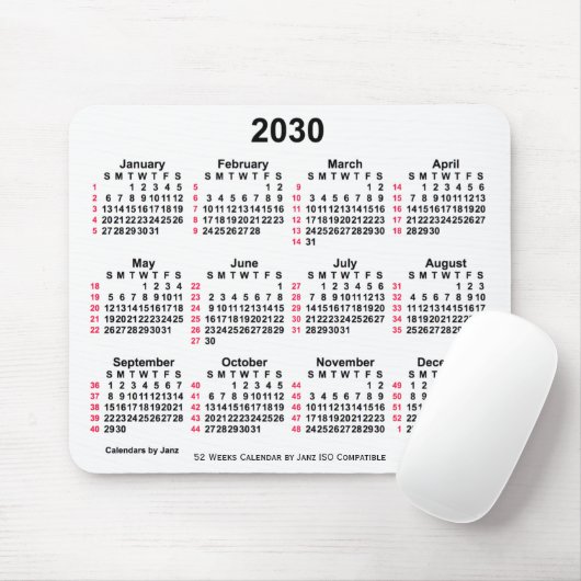 2030 Witte 52 weken ISO-kalender van Janz Muismat (Met muis)