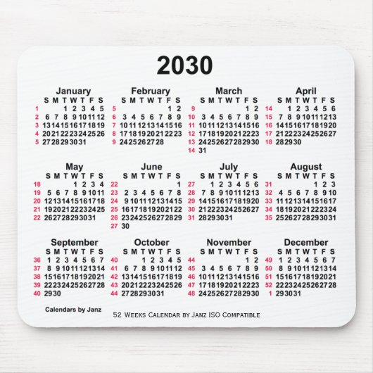 2030 Witte 52 weken ISO-kalender van Janz Muismat (Voorkant)