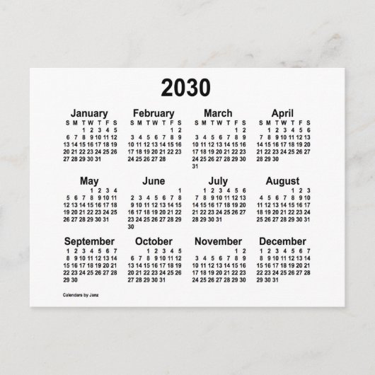 2030 Witte Mini Kalender van Janz Briefkaart (Voorkant)