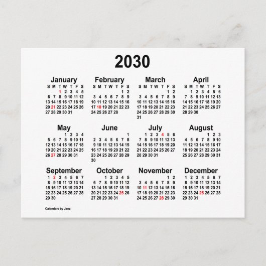 2030 Witte Mini-kalender voor de feestdagen van Ja Briefkaart (Voorkant)