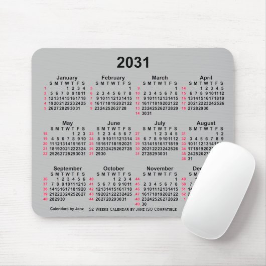 2031 Silver 52 weken ISO-kalender door Janz Muismat (Met muis)