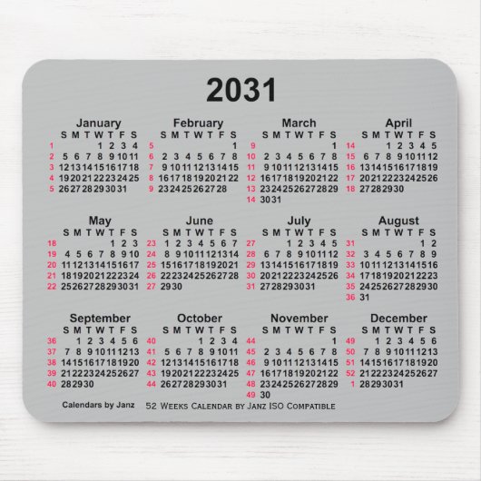 2031 Silver 52 weken ISO-kalender door Janz Muismat (Voorkant)