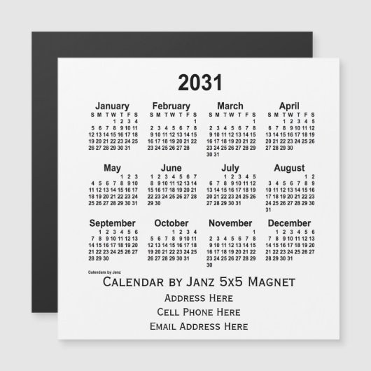 2031 White Business Calendar by Janz 5x5 Magnet (Voorkant / Achterkant)