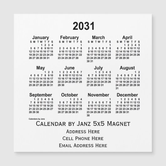 2031 White Business Calendar by Janz 5x5 Magnet (Voorkant)
