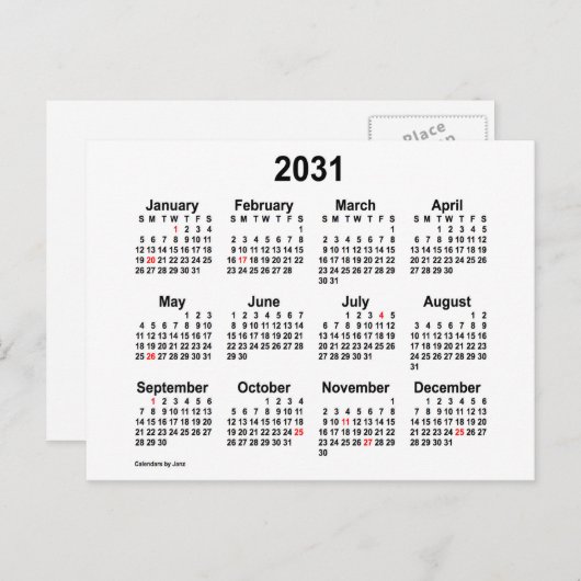 2031 White Mini-kalender voor feestdagen van Janz Briefkaart (Voorkant / Achterkant)