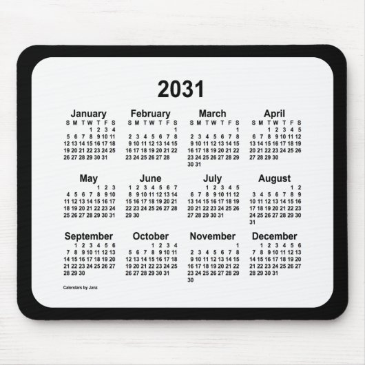 2031 White on Black Calendar van Janz Two Tone Muismat (Voorkant)