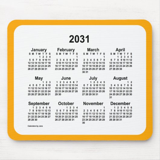 2031 White on Oranje Calendar by Janz Two Tone Muismat (Voorkant)
