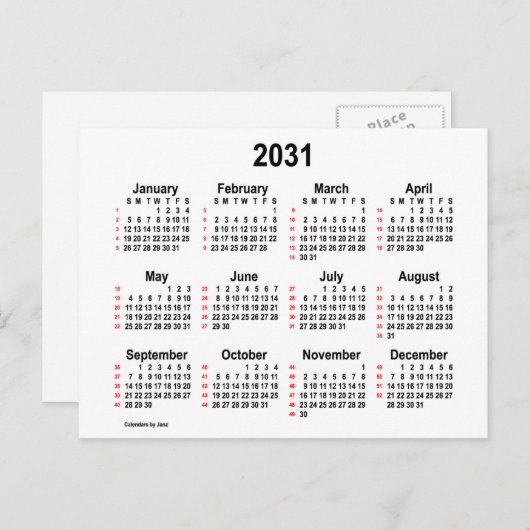 2031 Wit 52 Weken Mini Kalender door Janz Briefkaart (Voorkant / Achterkant)
