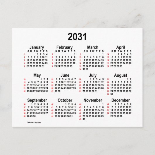 2031 Wit 52 weken mini-kalender van Janz Briefkaart (Voorkant)